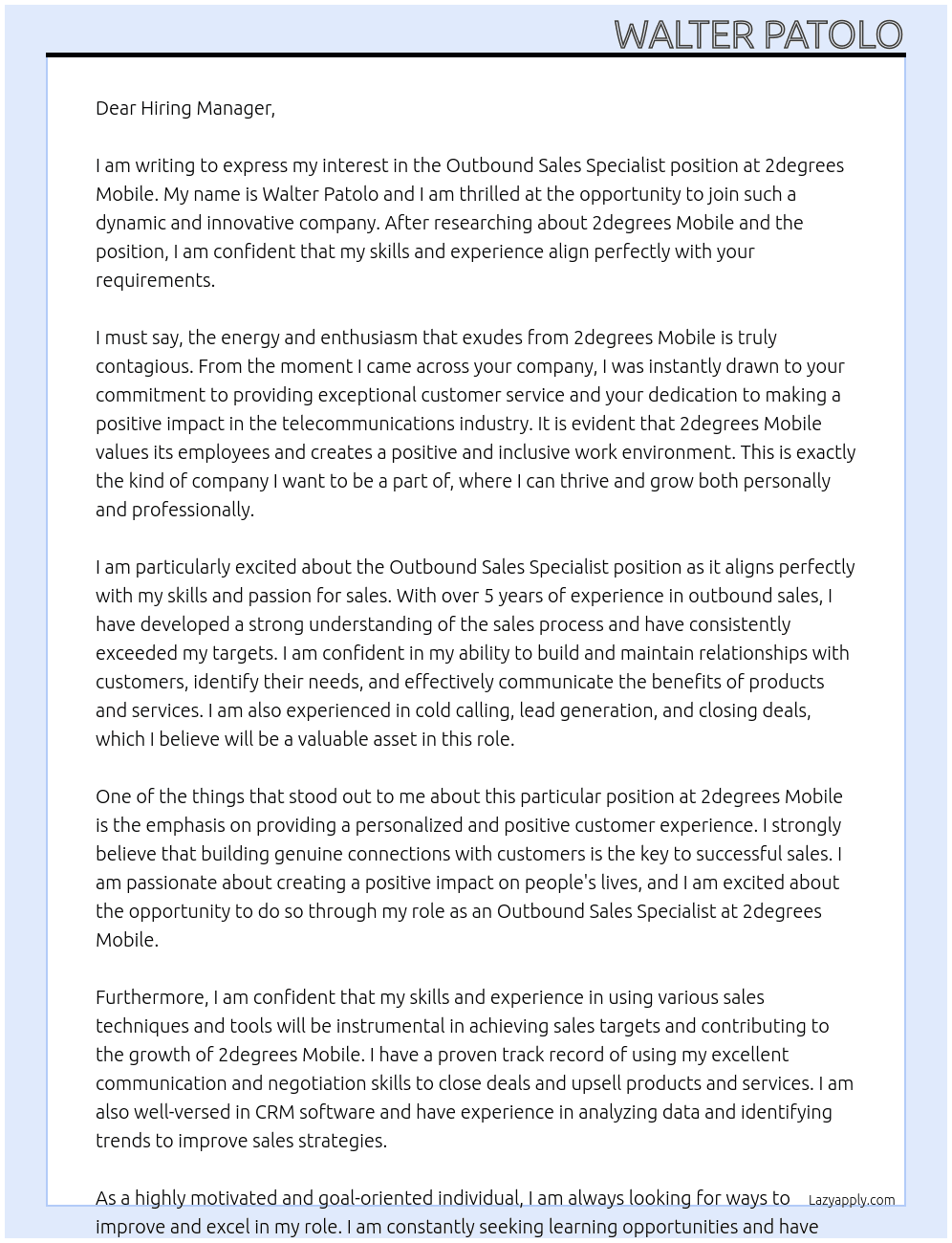 Outbound Sales Specialist At 2degrees Mobile Cover Letter