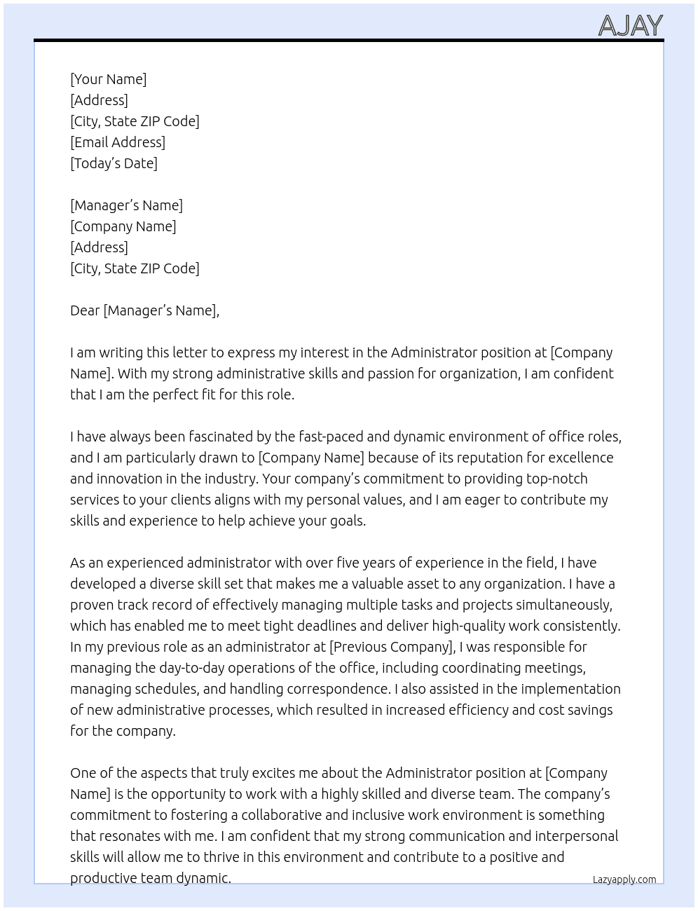 Administrator  At Office role  Cover Letter