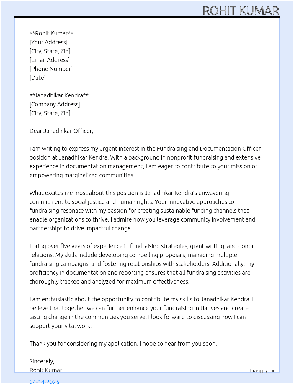 Fundraising and documentation officer  At Jan adhikar kendra Cover Letter