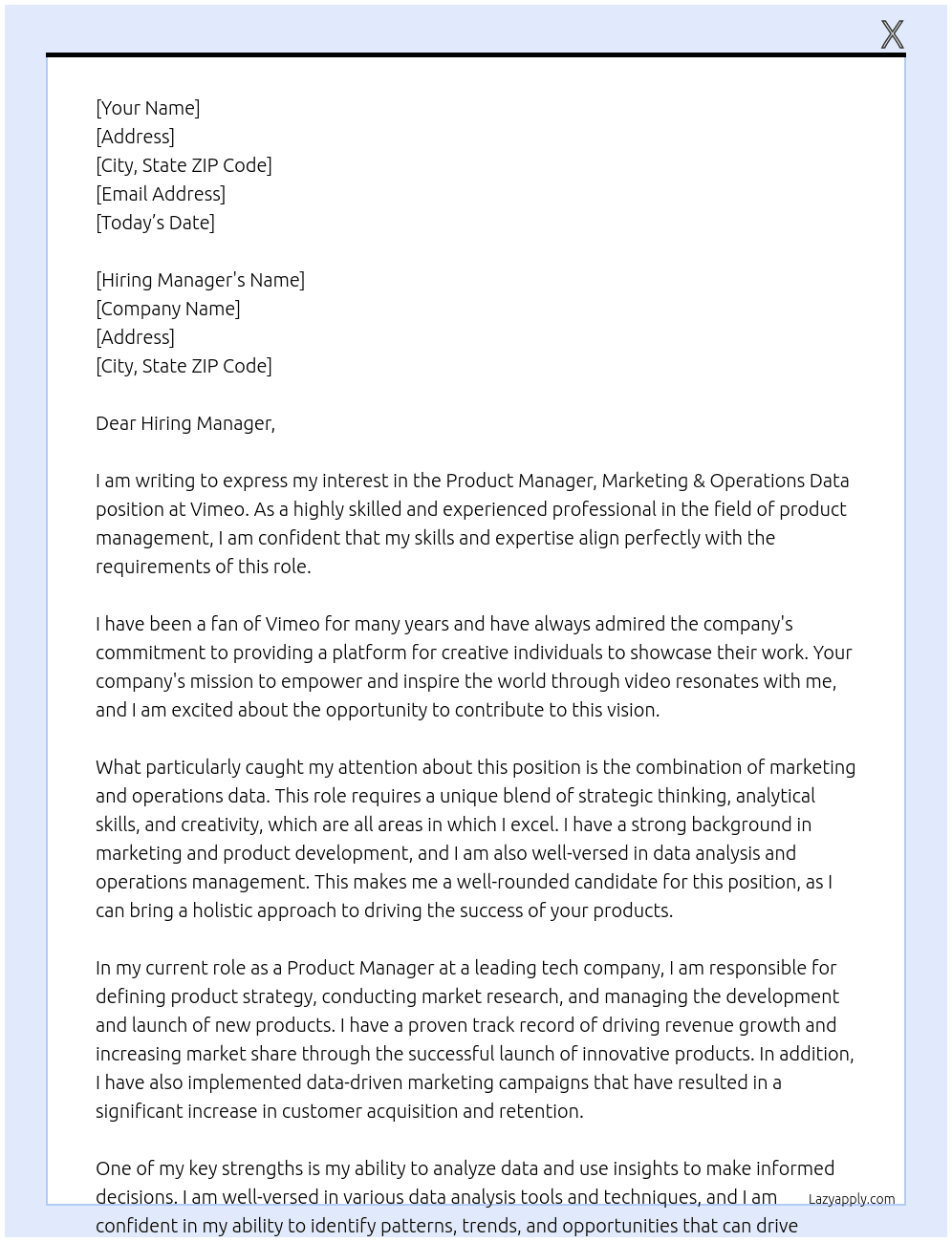 Product Manager, Marketing & Operations Data At Vimeo Cover Letter