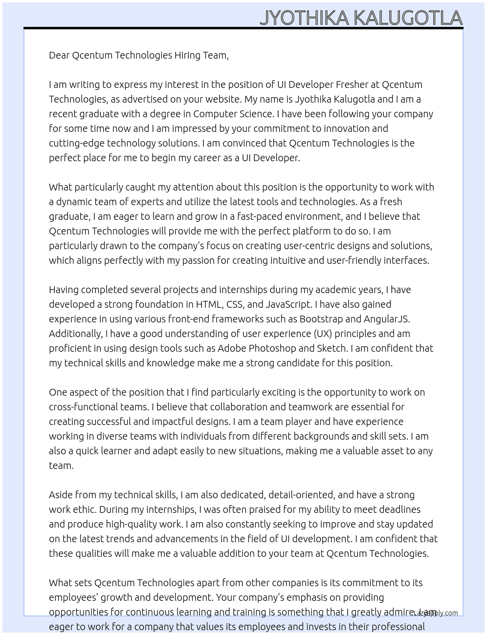 ui developer fresher At Qcentum Technologies, Cover Letter