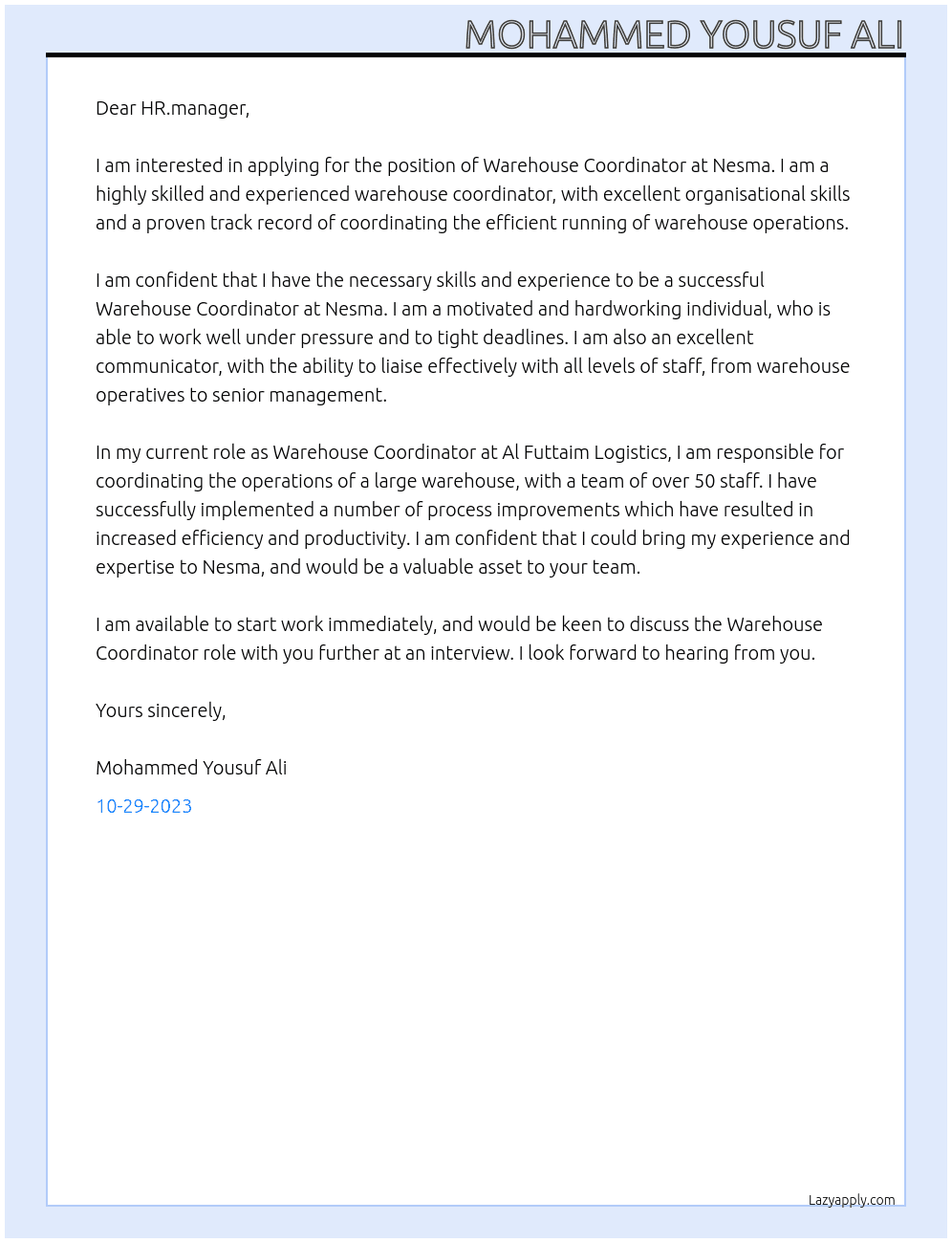 Warehouse Coordinator At Nesma Cover Letter