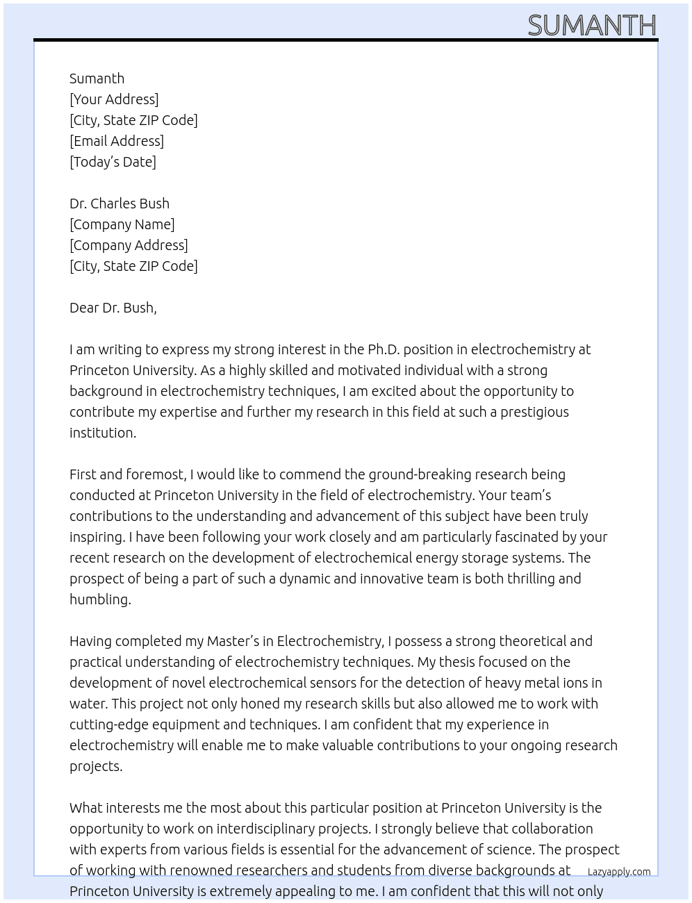 phd in electrochemsitry At pinceton university Cover Letter