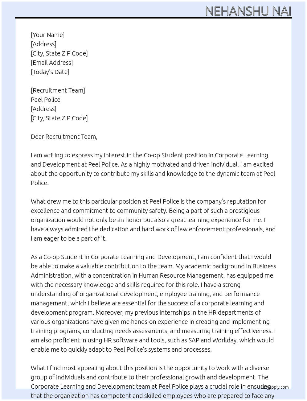 Co-op Student - Corporate Learning and Development At Peel Police Cover Letter
