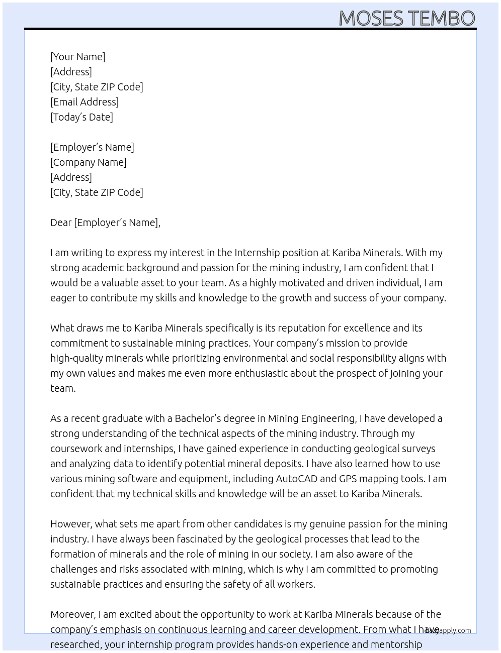 Internship At Kariba minerals  Cover Letter