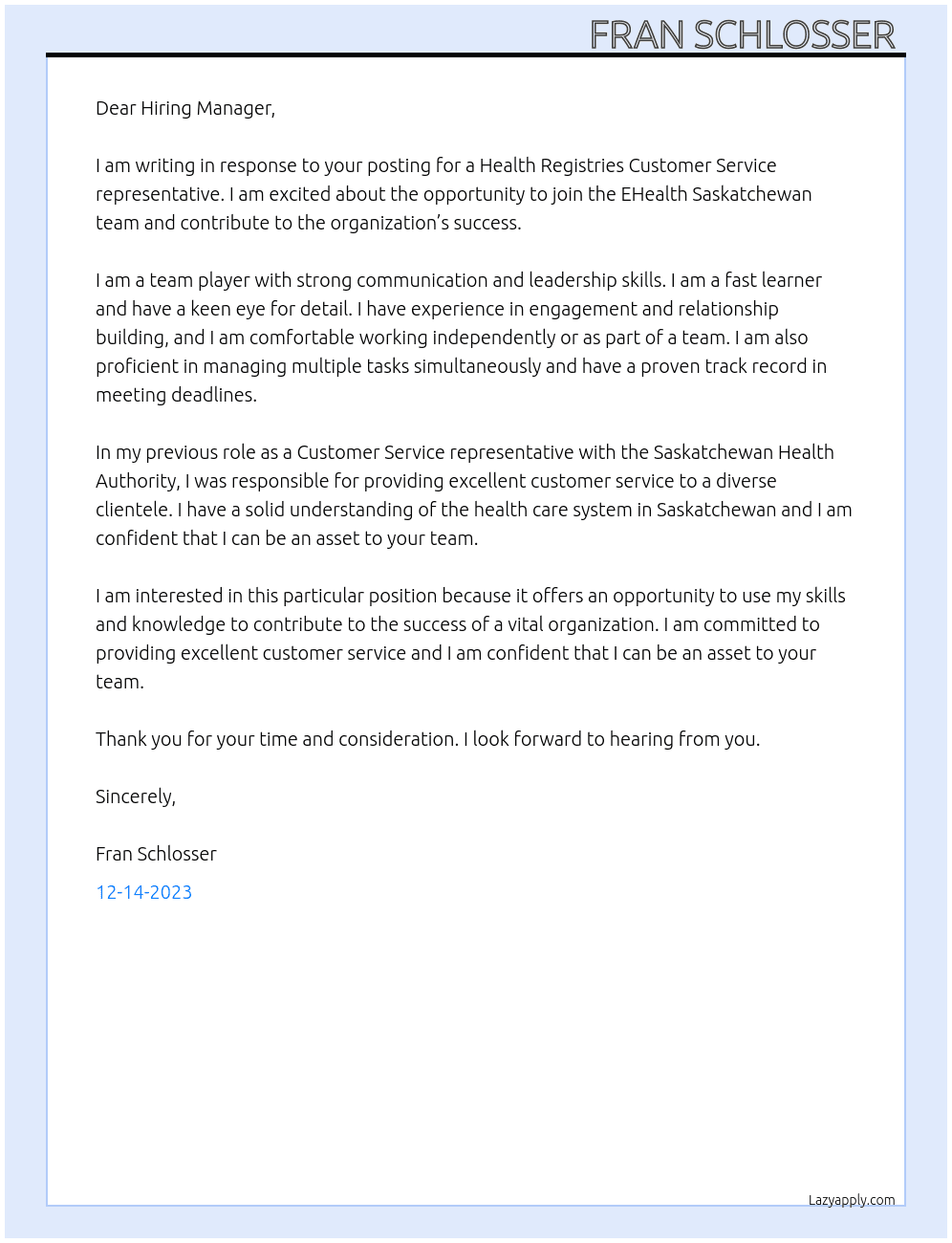 Health Registries Customer Service  At EHealth Saskatchewan  Cover Letter