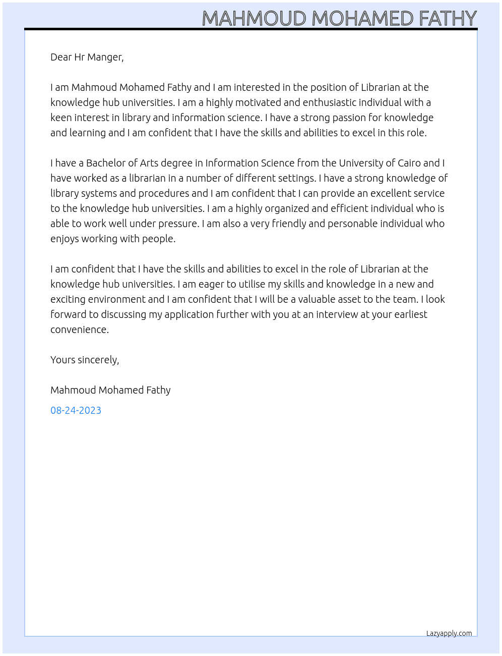 Librarian At the knowledge hub universities Cover Letter