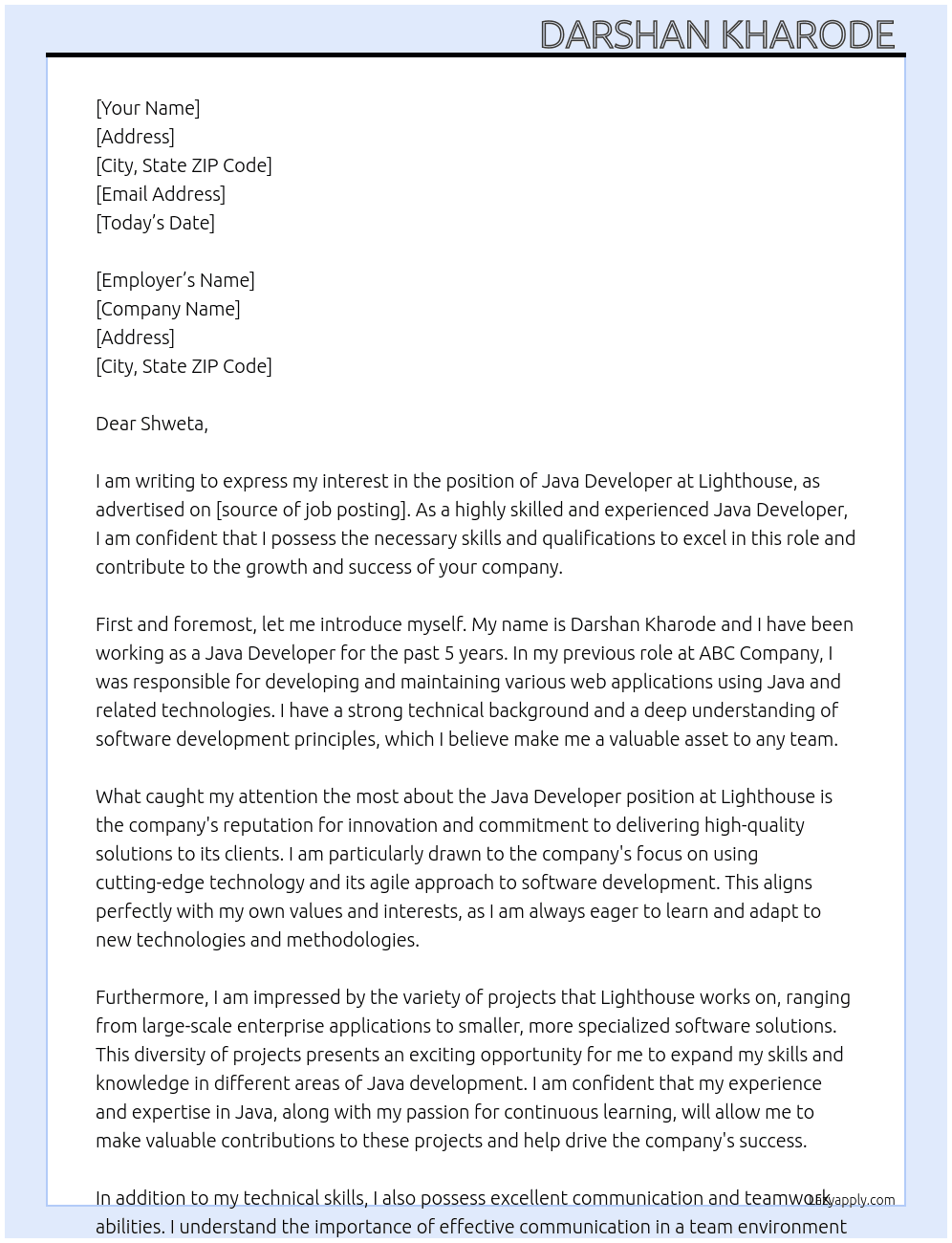 Java Developer  At Lighthouse  Cover Letter