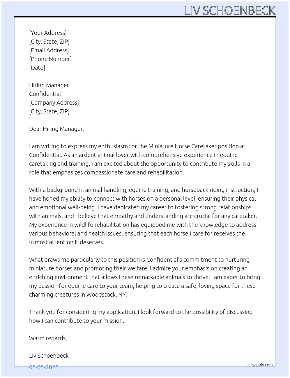 Miniature Horse Caretaker At Confidential Cover Letter