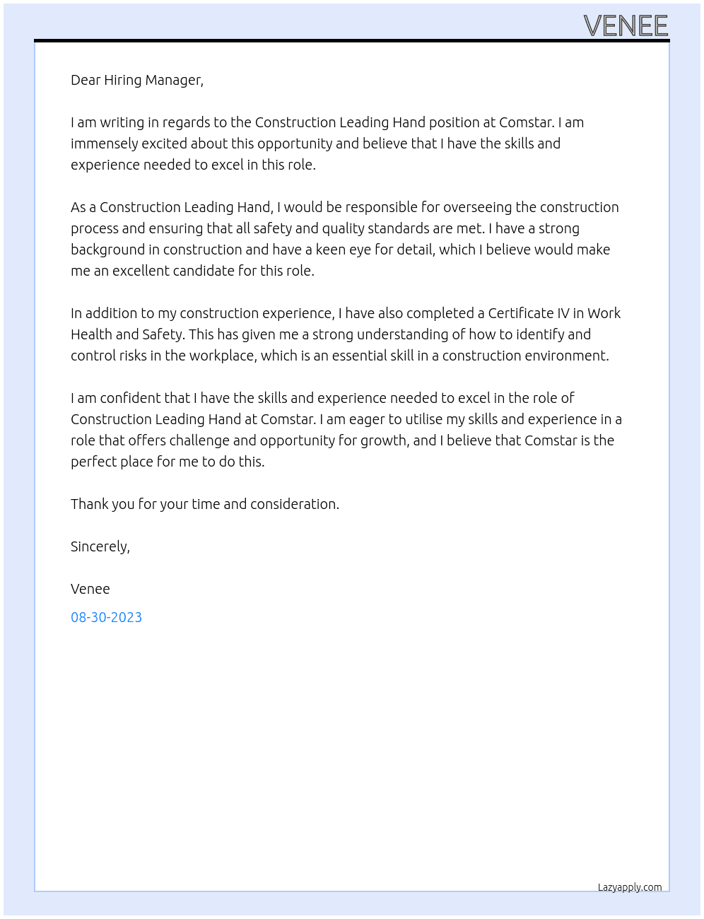 Construction Leading Hand At Comstar Cover Letter
