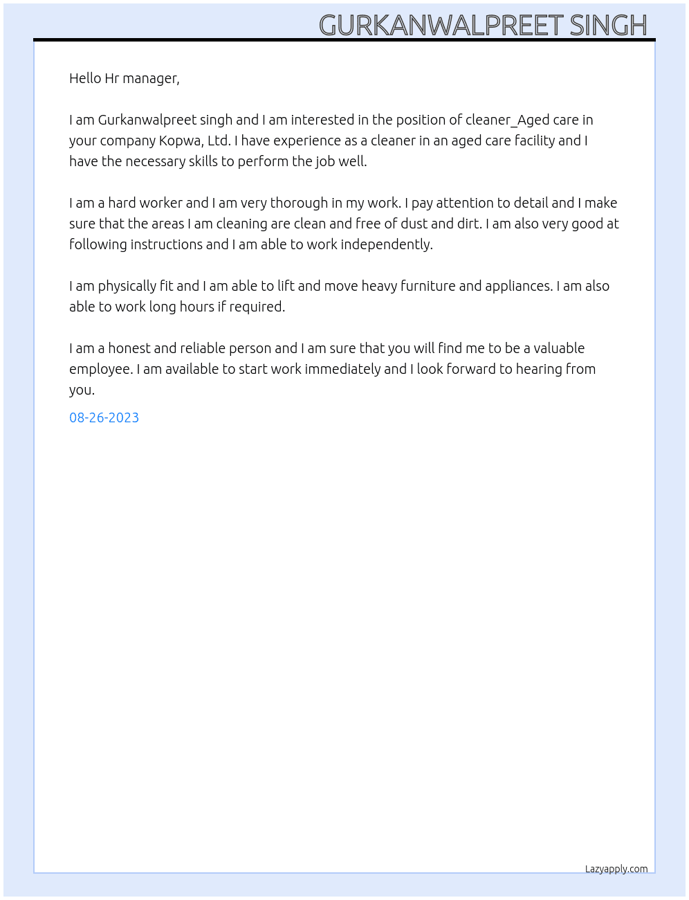 cleaner_Aged care  At Kopwa ,Ltd Cover Letter