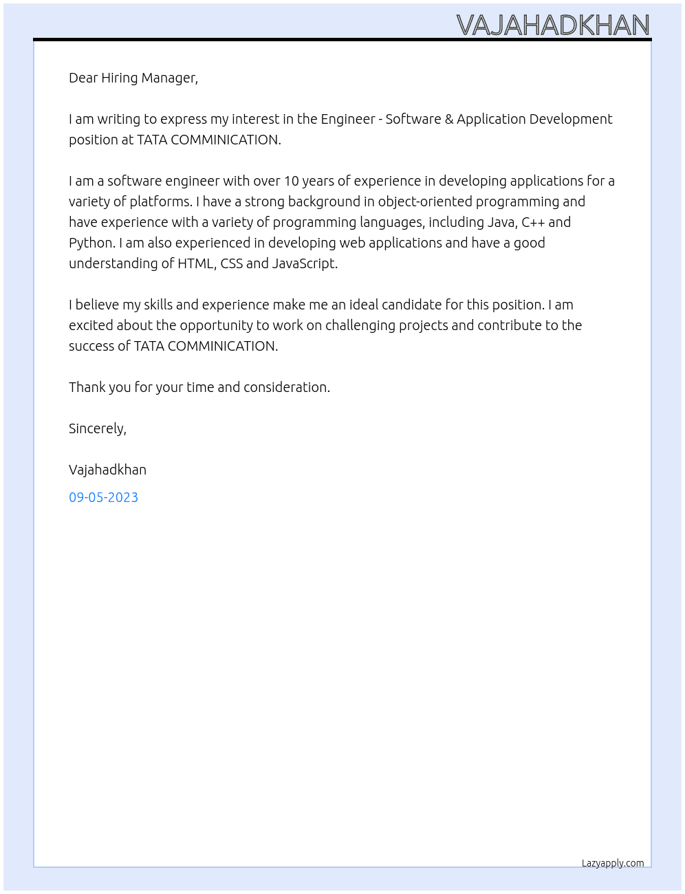 Engineer - Software & Application Development At TATA COMMINICATION Cover Letter