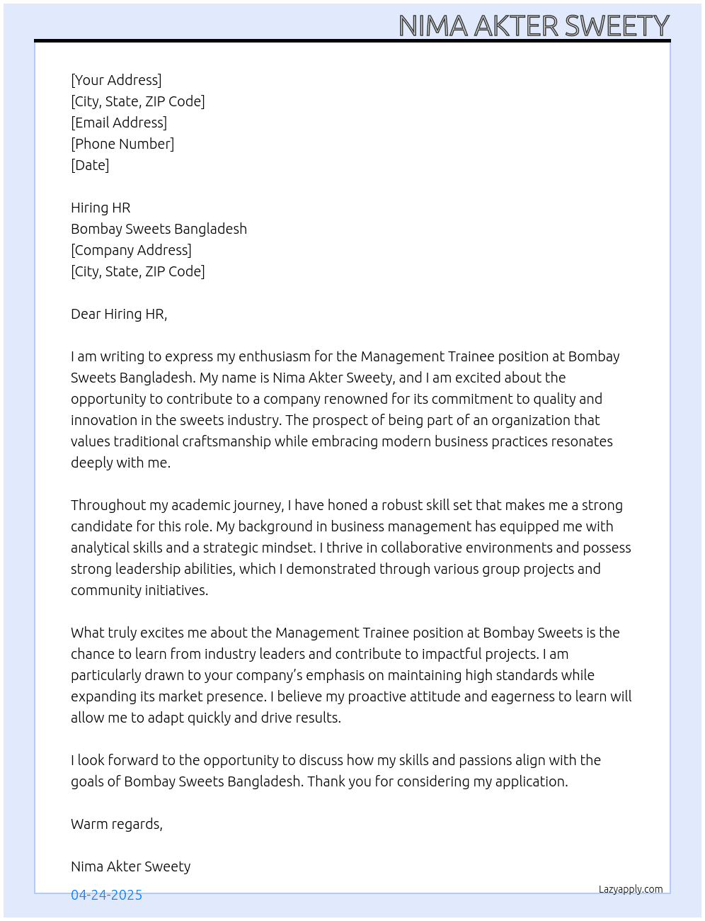 Management Trainee At Bombay Sweets Bangladesh  Cover Letter