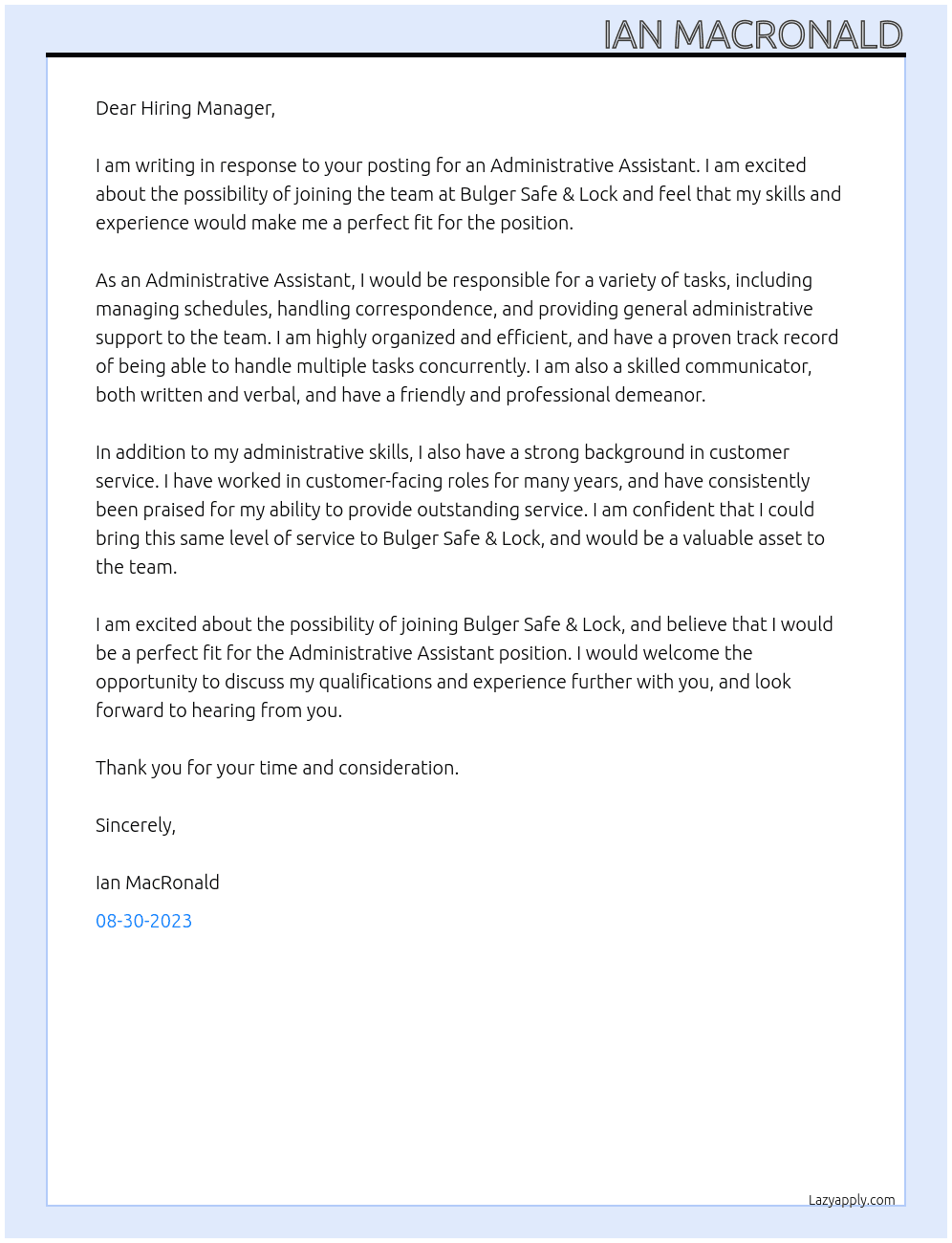 Administrative Assistant At Bulger Safe & Lock Cover Letter