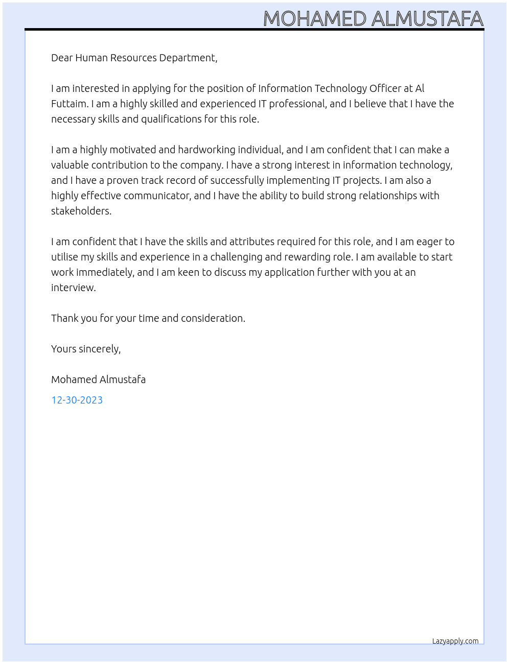 information technology officer At Al Futtaim Cover Letter