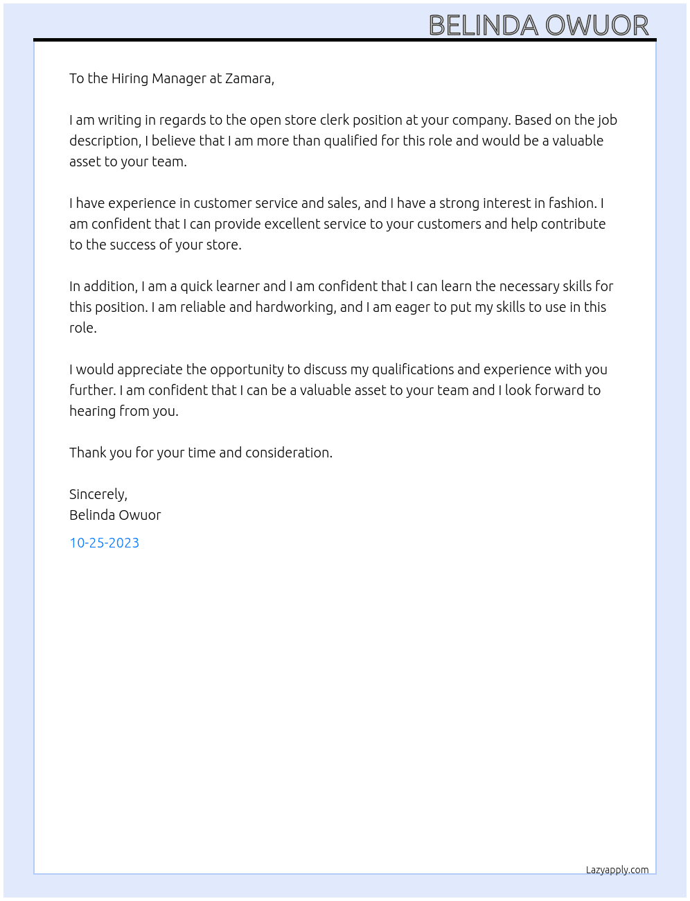 Store clerk At Zamara Cover Letter