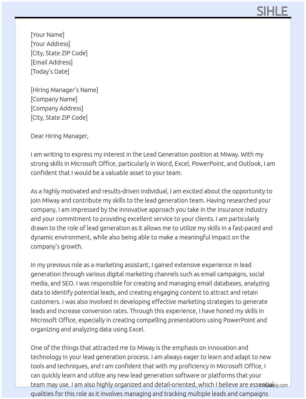 Lead generation  At Miway  Cover Letter