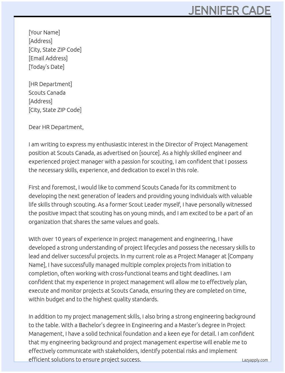 Director of Project Management At Scouts Canada Cover Letter
