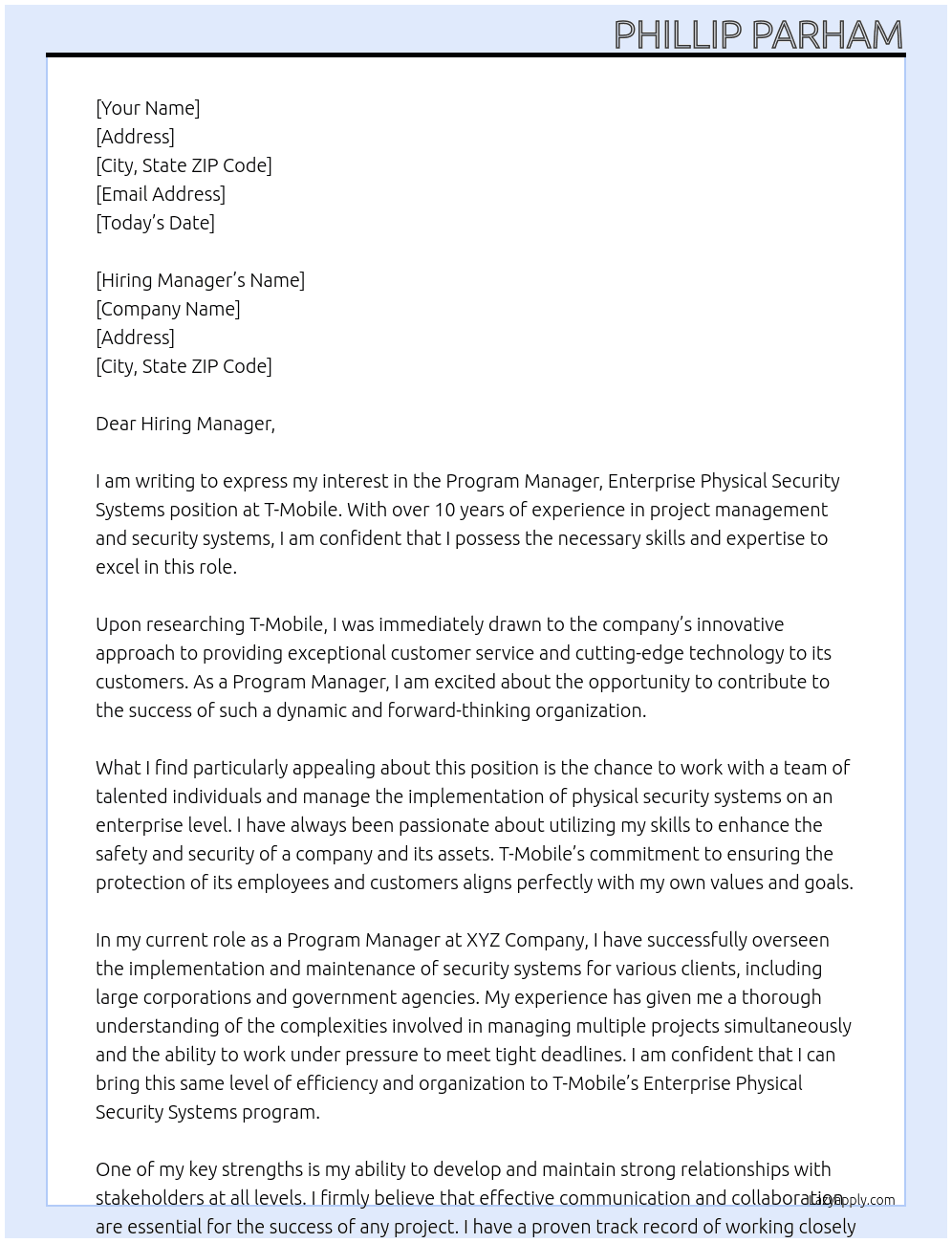 Program Manager, Enterprise Physical Security Systems At T-Mobile Cover Letter