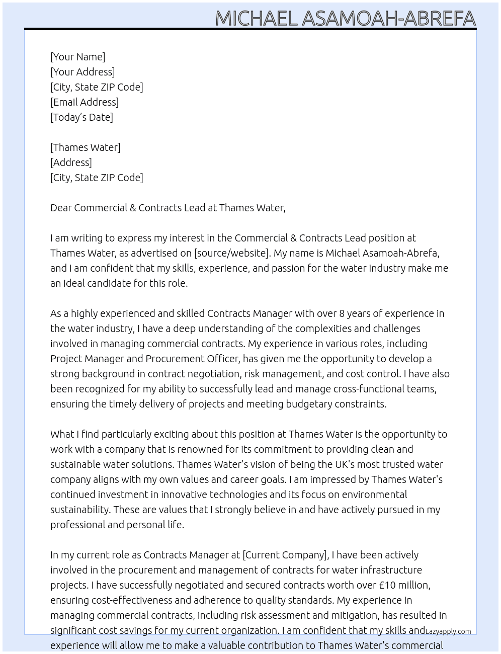 Commercial & Contracts Lead At Medway Council Cover Letter