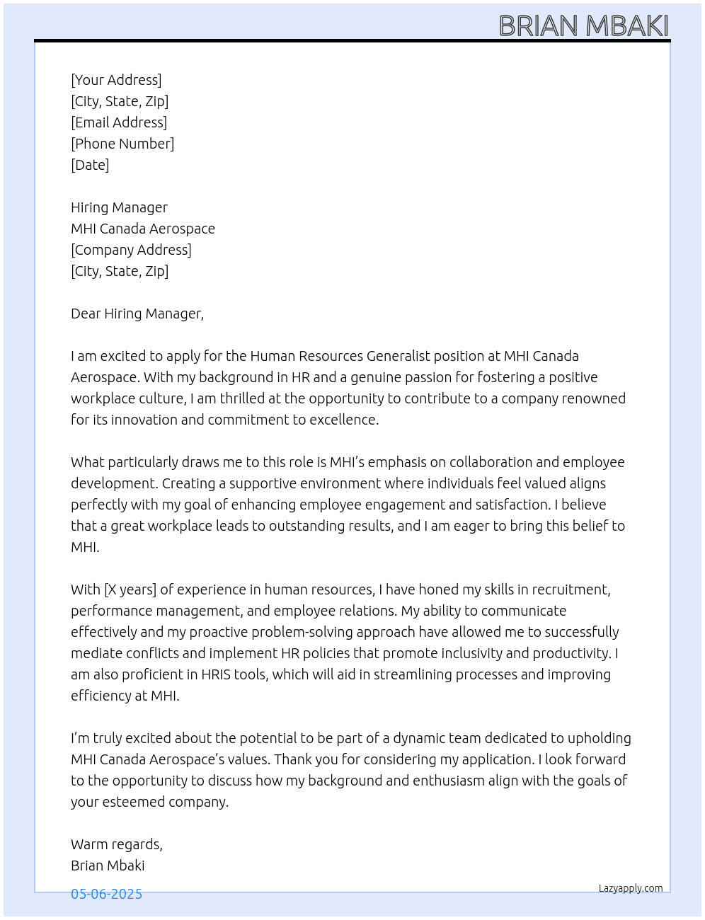 Human Resources Generalist At MHI Canada Aerospace Cover Letter