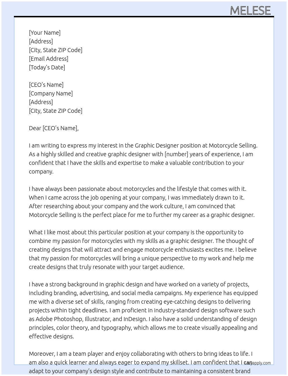 Graphic designer  At motorcycle selling  Cover Letter