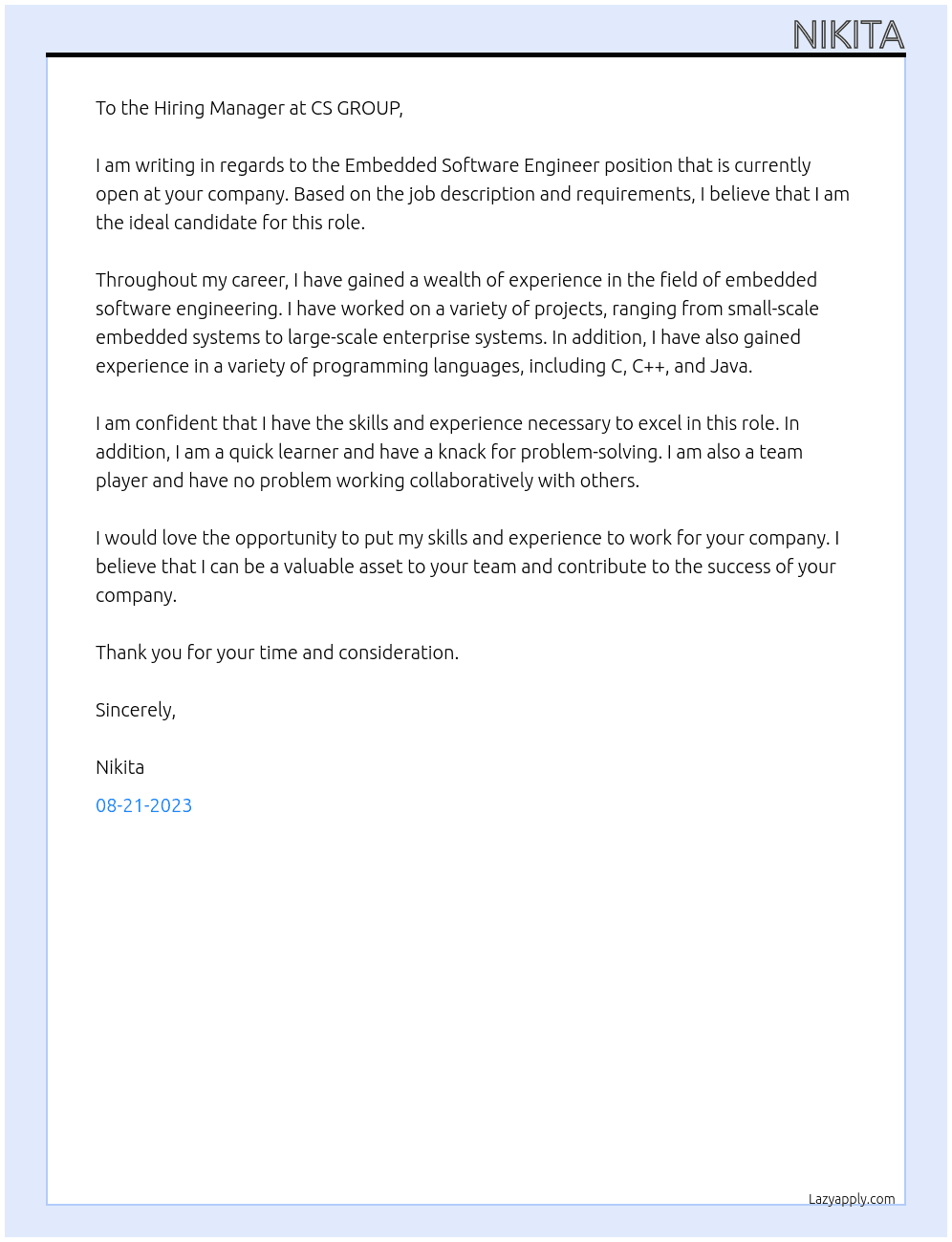 Embedded Software Engineer At CS GROUP Cover Letter