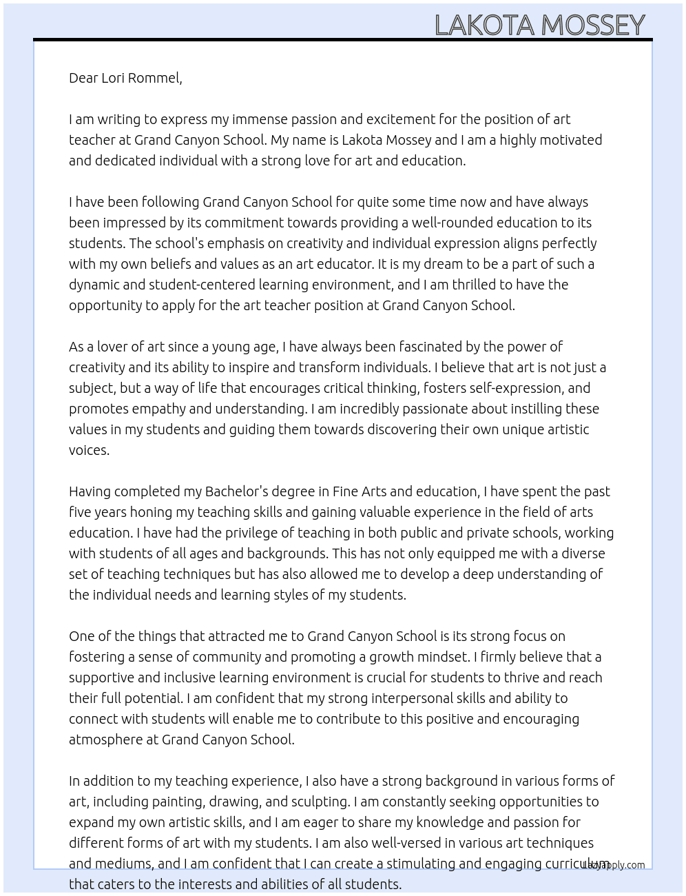 art teacher  At Grand Canyon school Cover Letter
