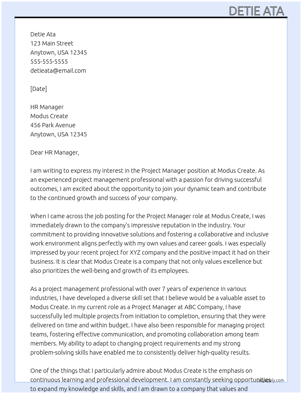 Project manager  At Modus create Cover Letter