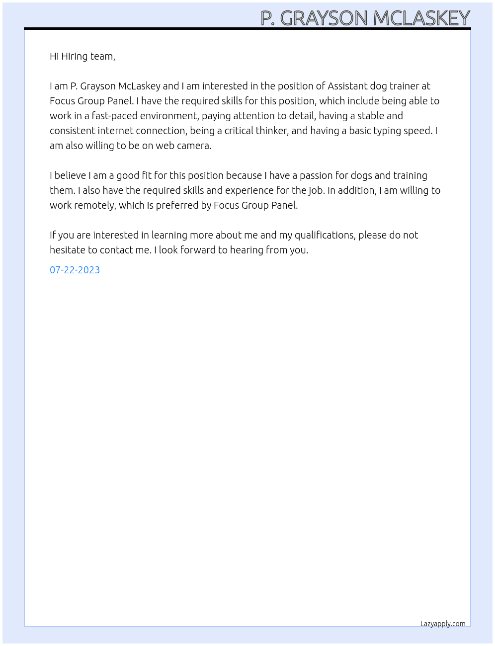 Cover letter for assistant dog trainer - LazyApply