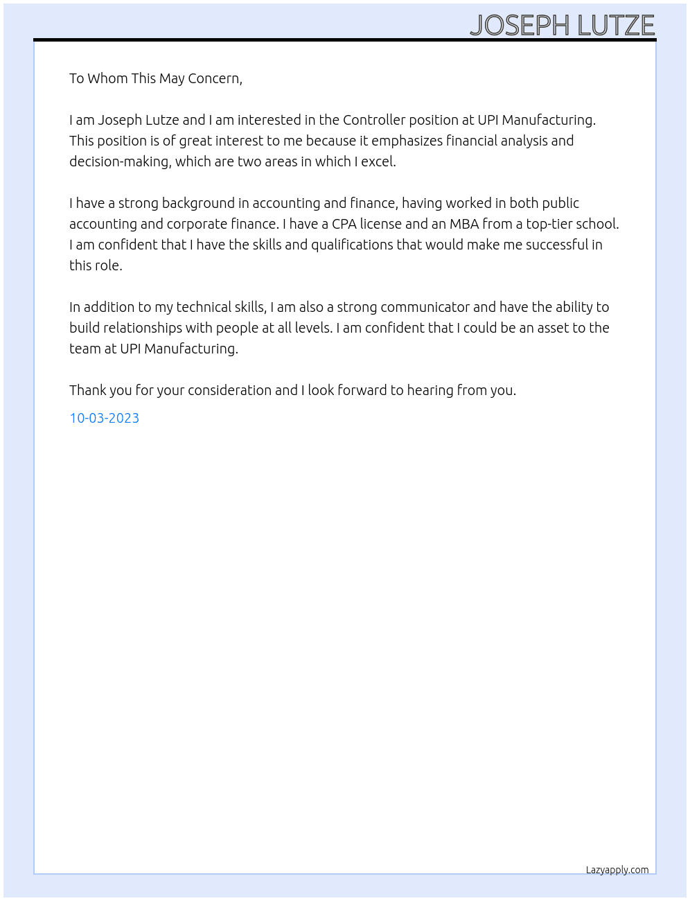 Controller At UPI Manufacturing Cover Letter