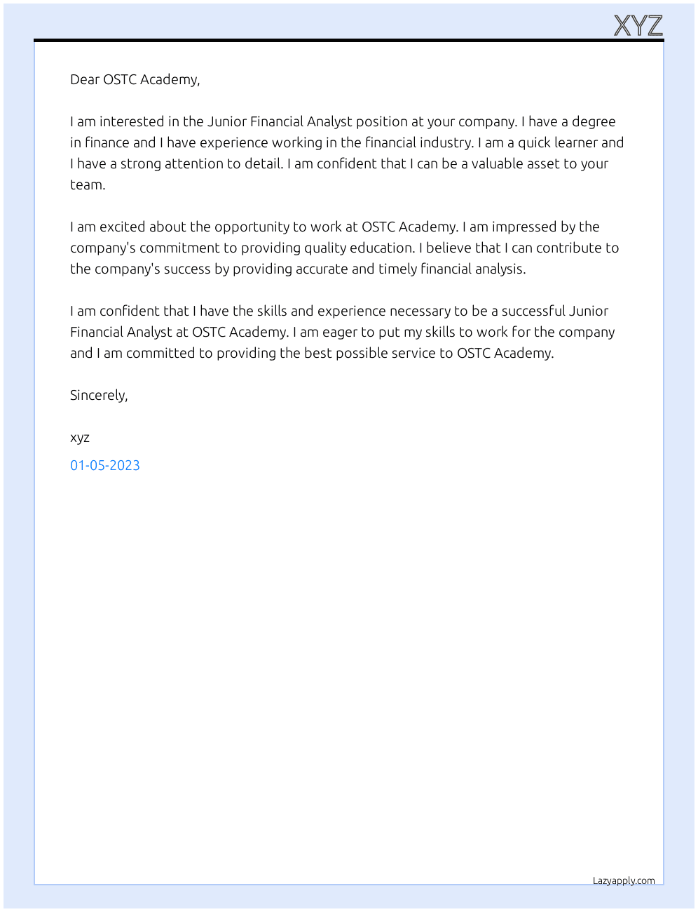 Junior financial analyst At OSTC Academy Cover Letter