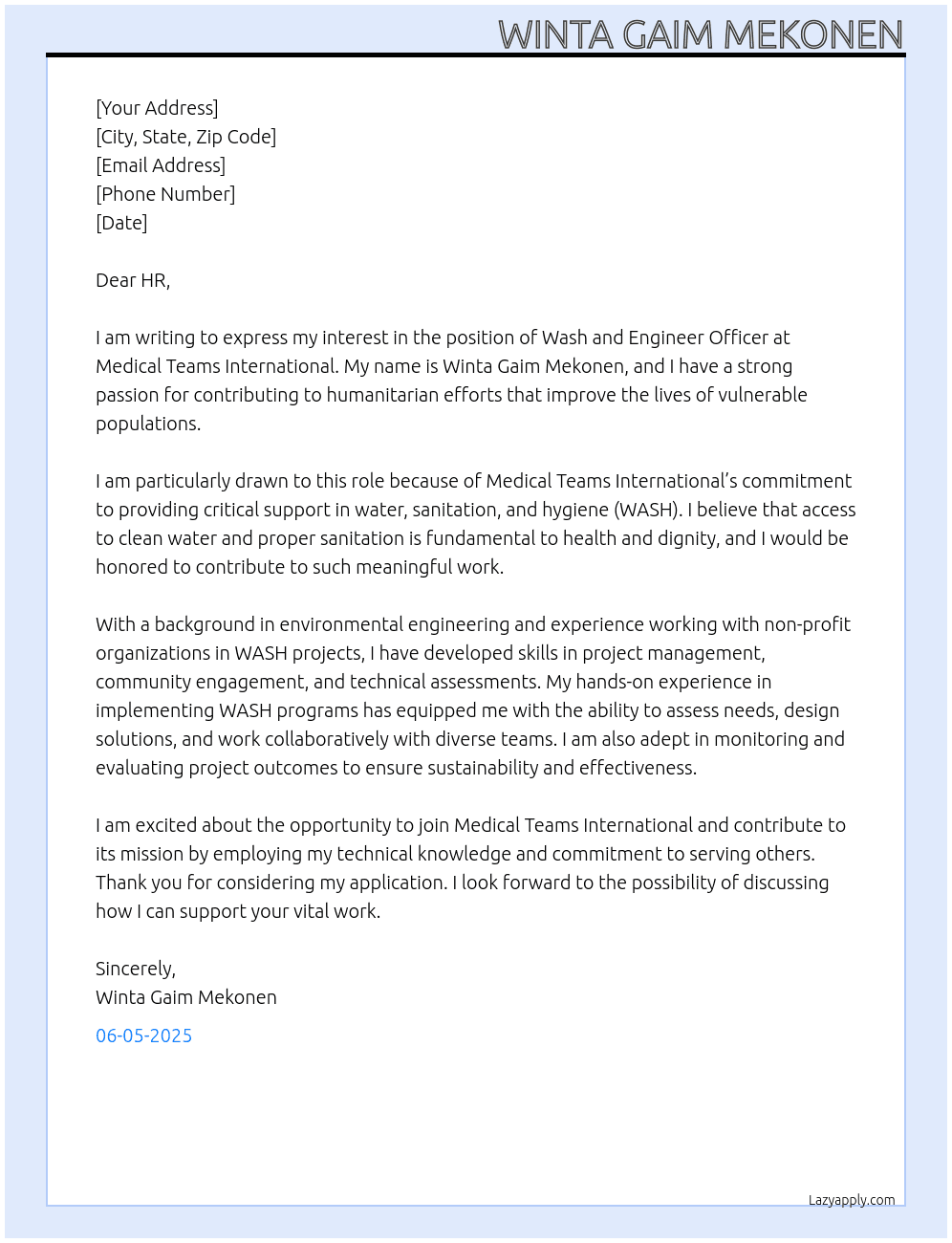 Wash and Engineer officer At Medical Teams International Cover Letter
