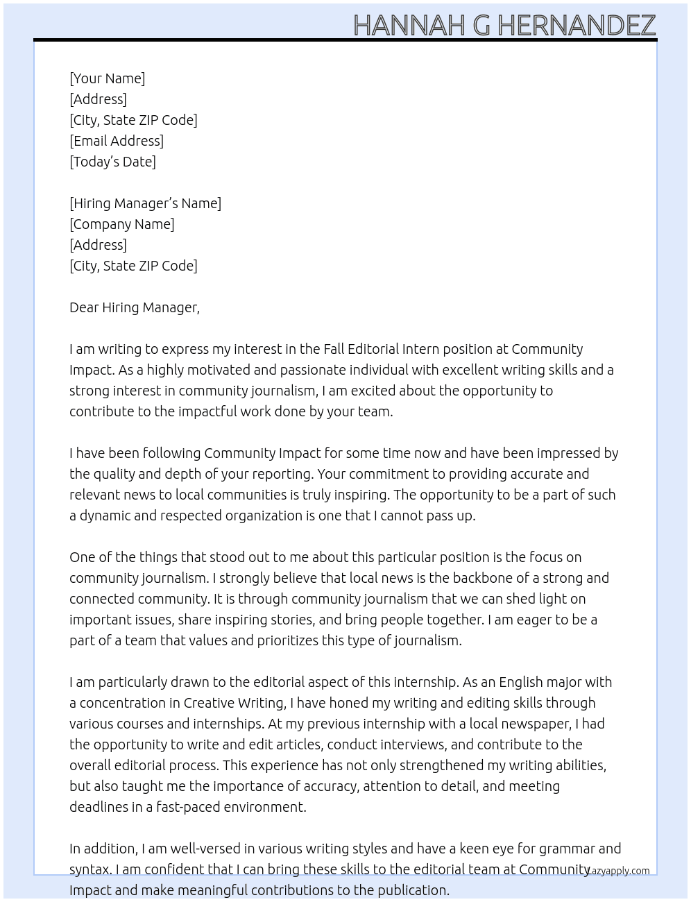 Fall Editorial Intern At Community Impact Cover Letter