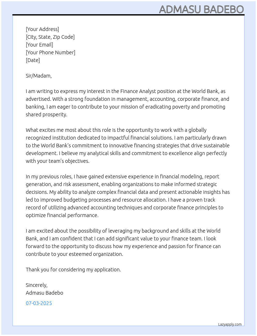 Finance Analyst At World Bank Cover Letter