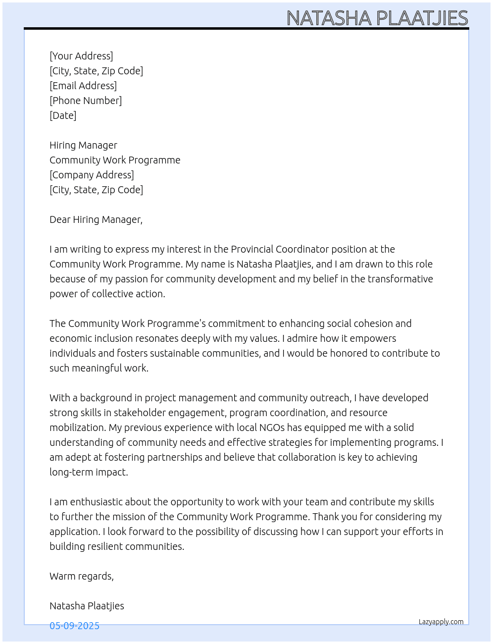 Provincial Coordinator At Community Work Programme Cover Letter