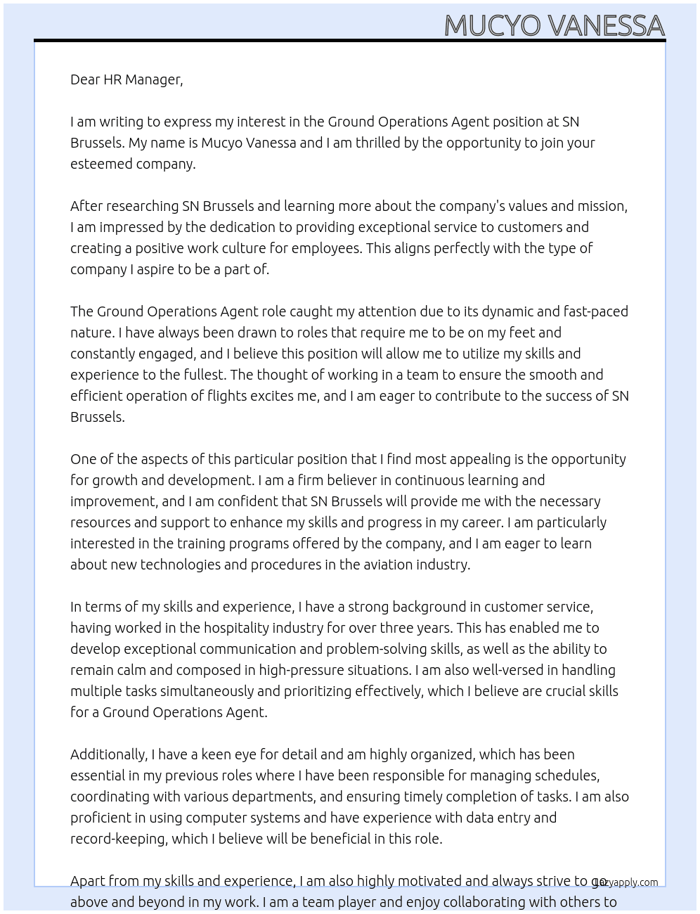 Ground Operations Agent  At SN BRUSSELS Cover Letter