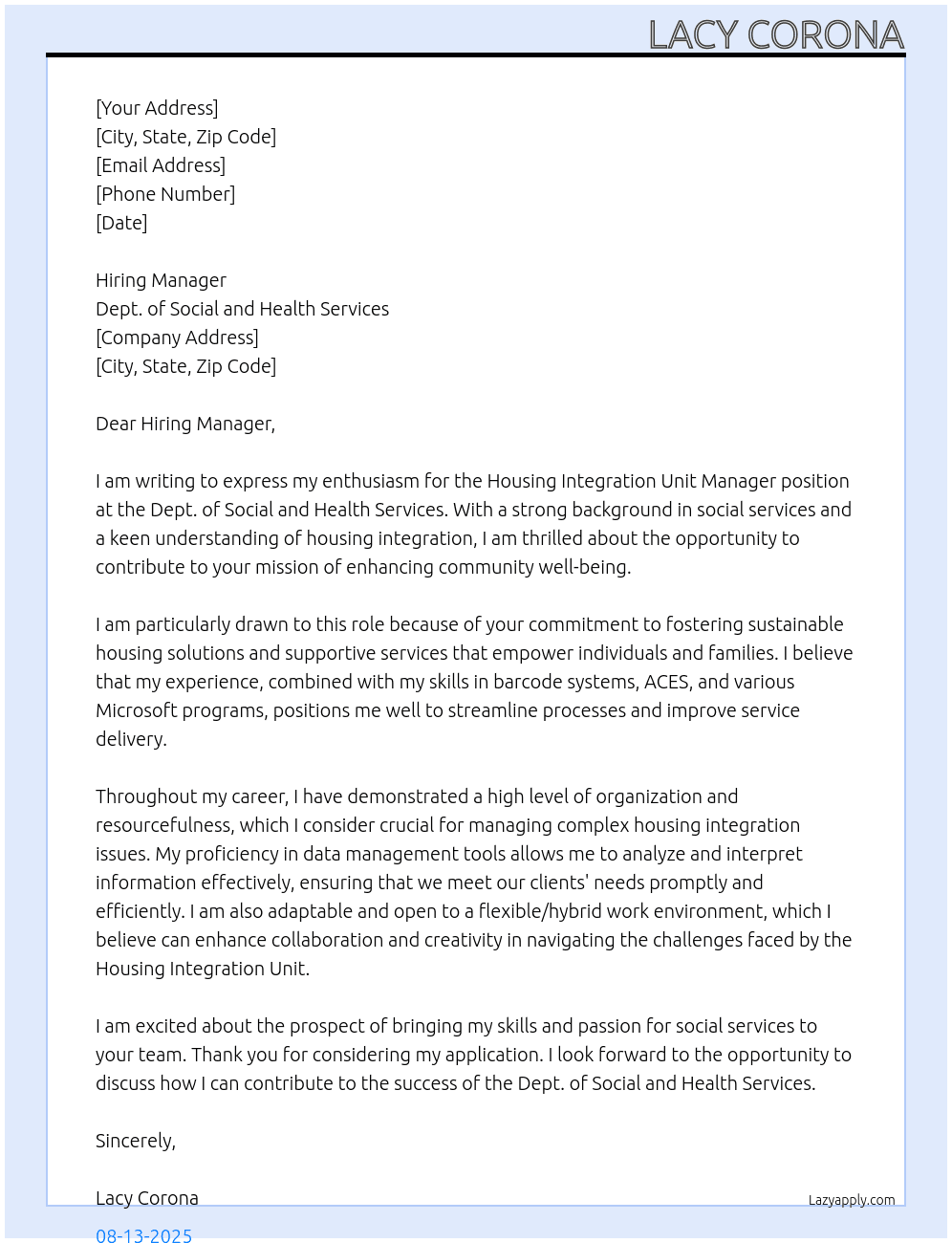 Housing Integration Unit Manager At Dept. of Social and Health Services Cover Letter