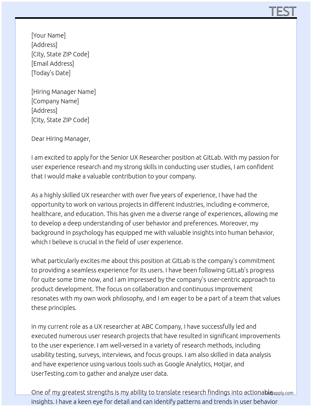 Senior UX Researcher At GitLab Cover Letter