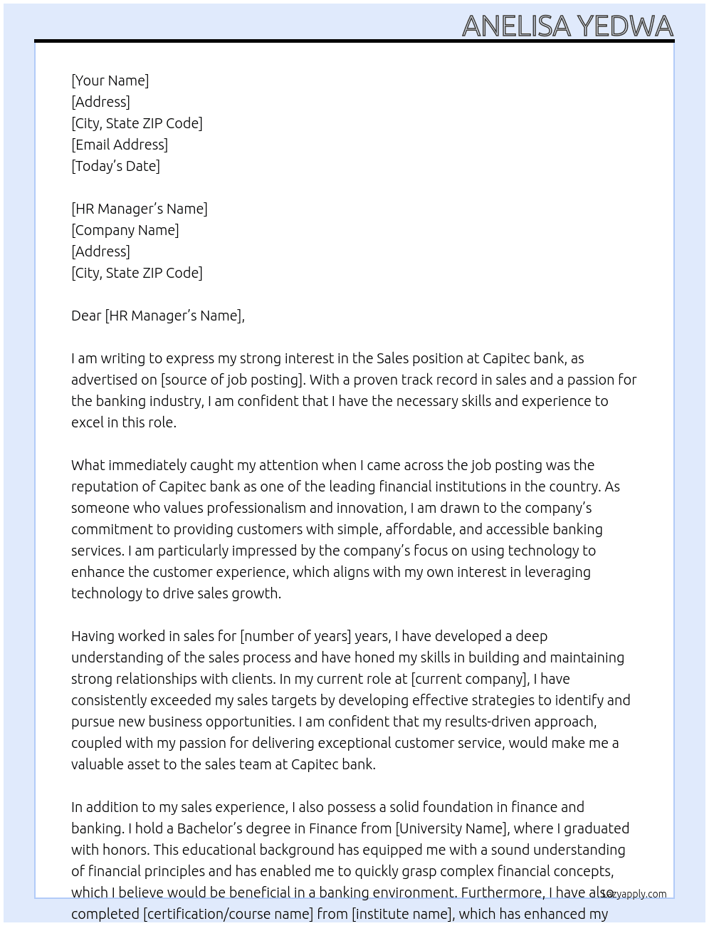 Sale At Capitec bank Cover Letter