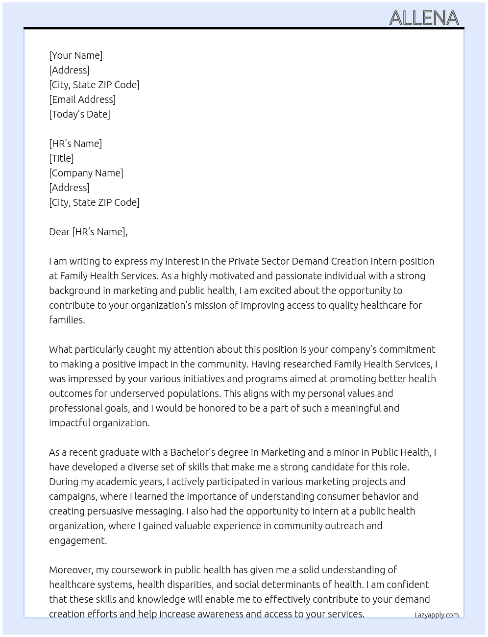 Private sector demand creation intern  At Family health services  Cover Letter