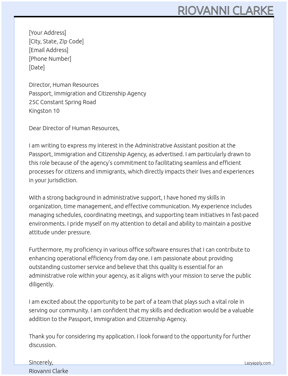Administrative Assistant At Passport, Immigration and Citizenship Agency Cover Letter