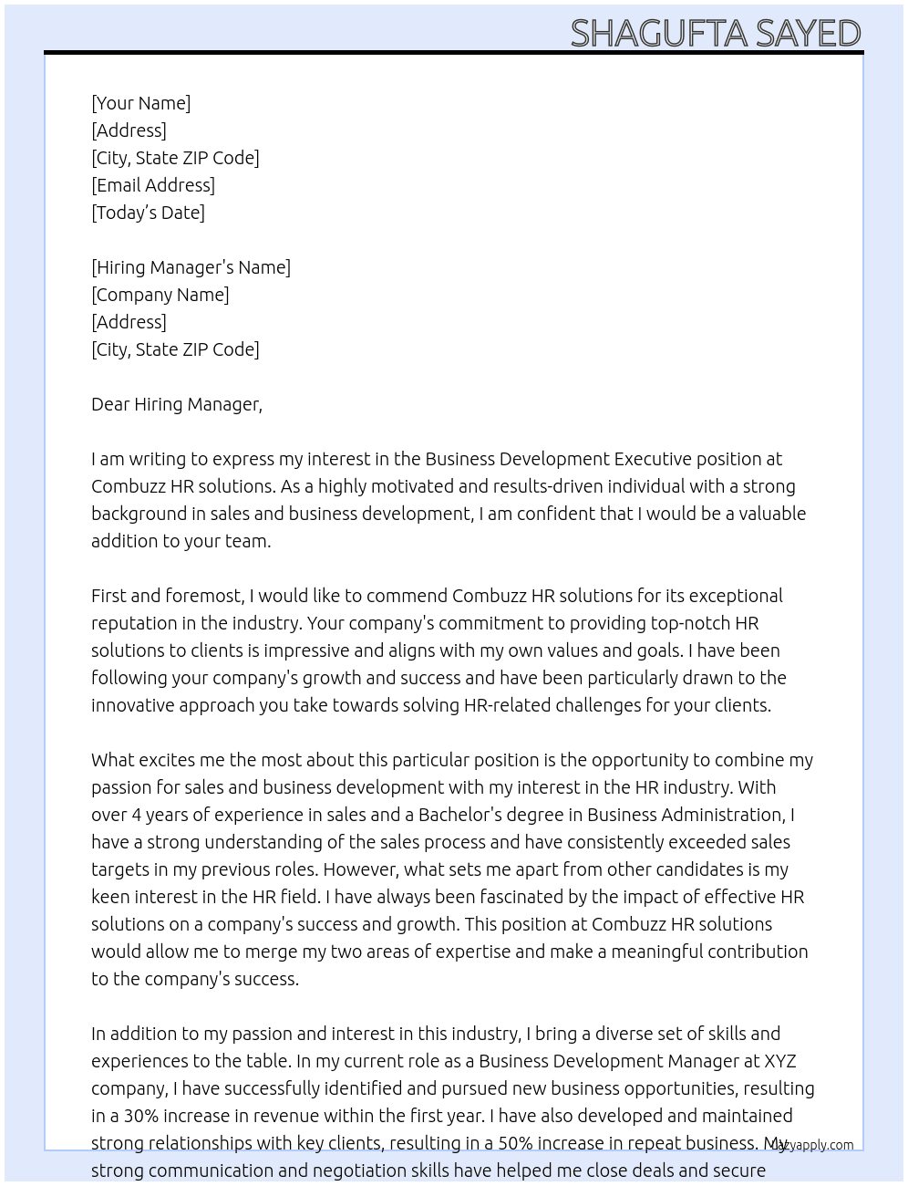 Business Development Executive At Combuzz HR solutions Cover Letter