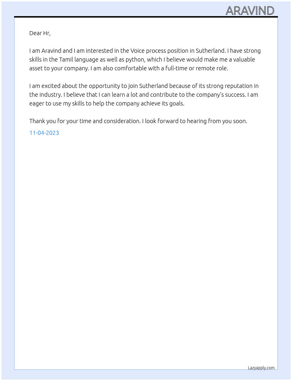 Voice process  At Sutherland  Cover Letter