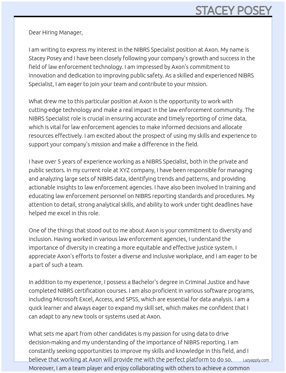 NIBRS Specialist At Axon Cover Letter