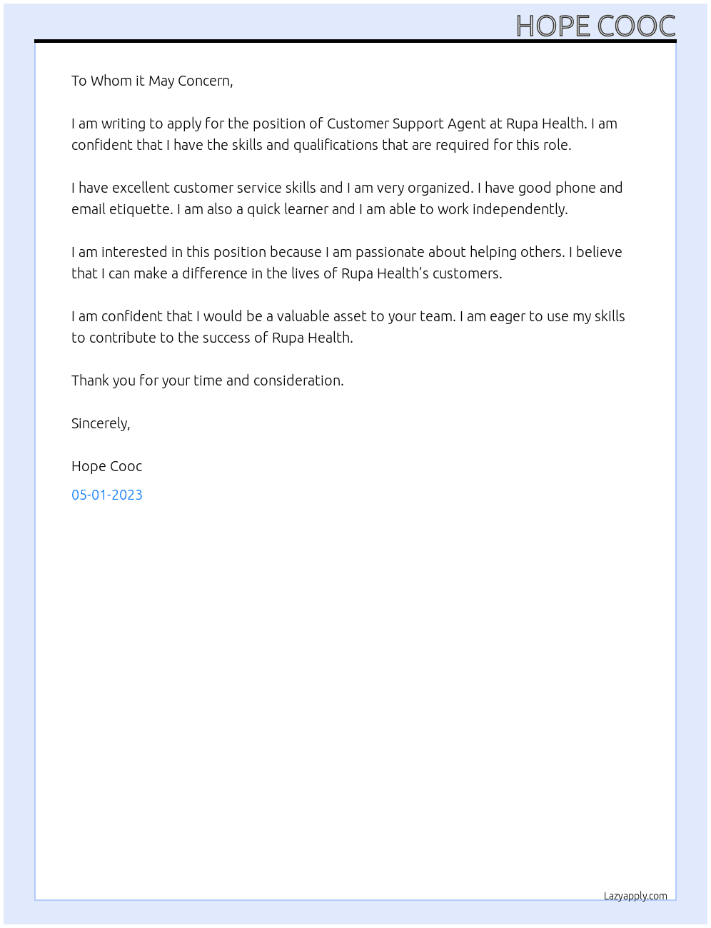 Customer Support Agent  At Rupa Health  Cover Letter