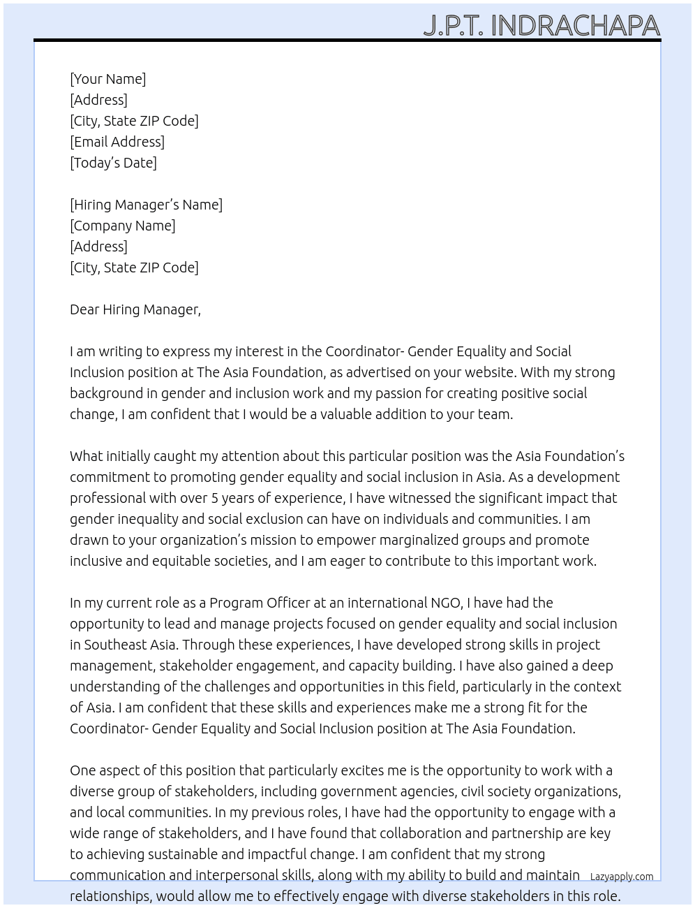 Coordinator- Gender Equality and Social Inclusion At The Asia Foundation Cover Letter