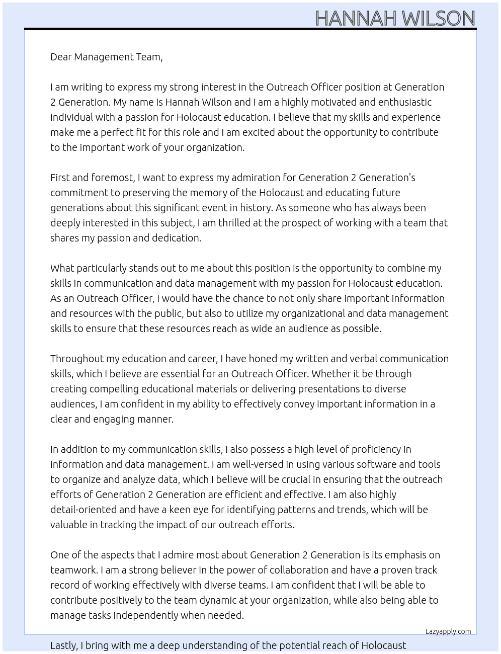 Outreach Officer  At Generation 2 Generation Cover Letter