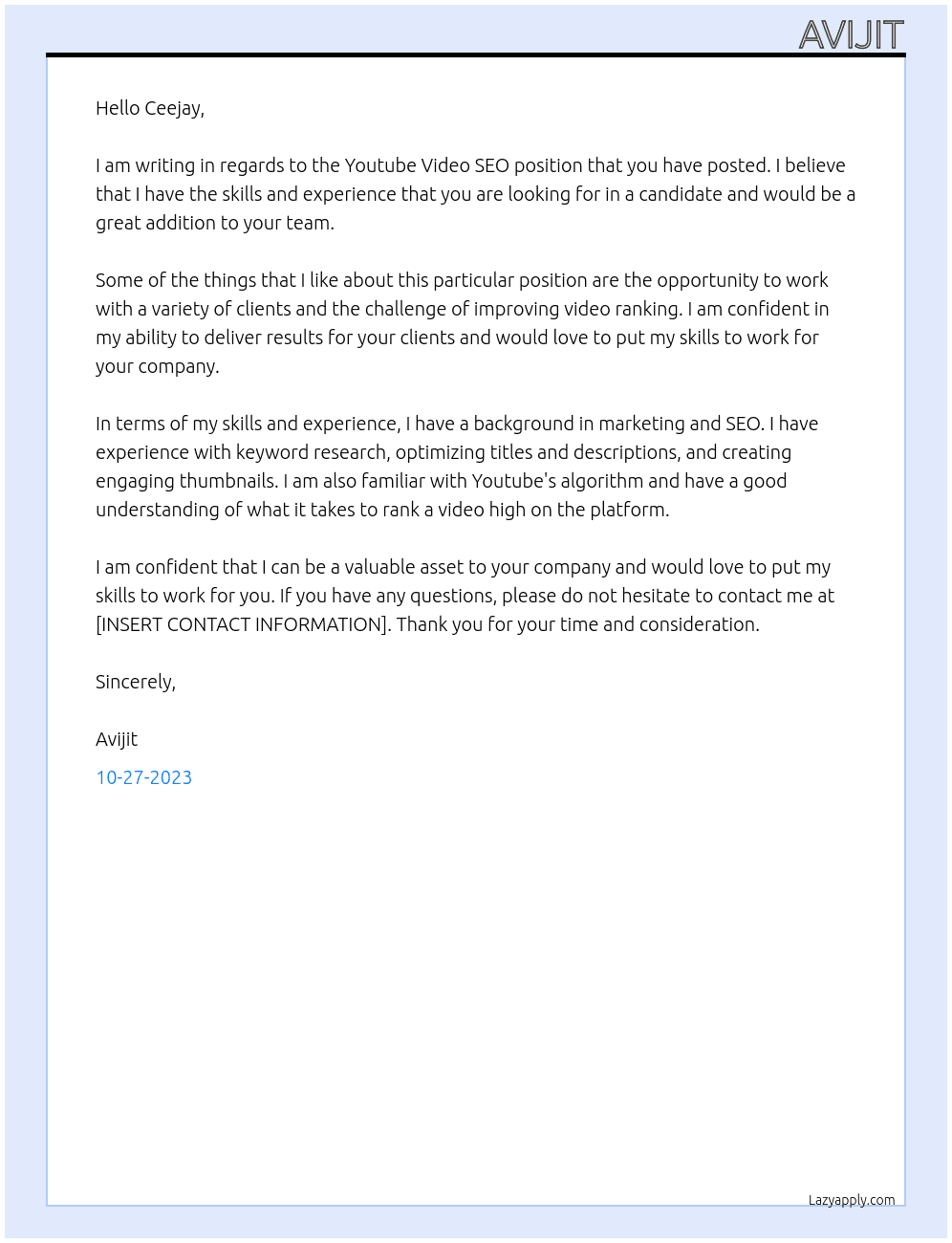 youtube video seo At Own Cover Letter
