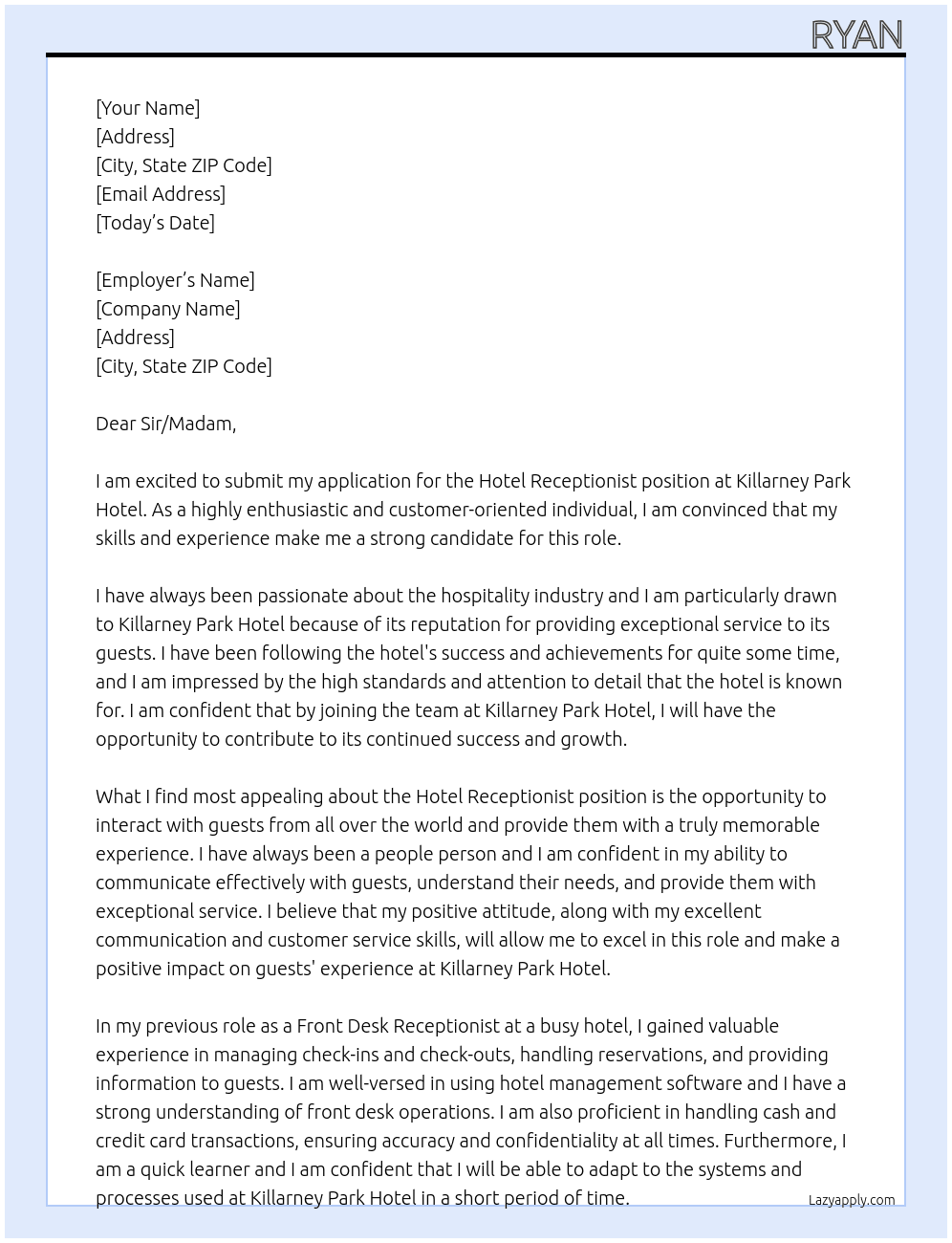 Hotel Receptionist At Killarney Park Hotel Cover Letter